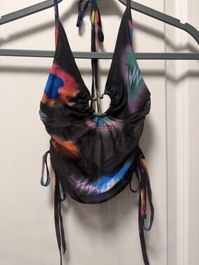 Black Mesh Halter Top with Tie-Dye Accents